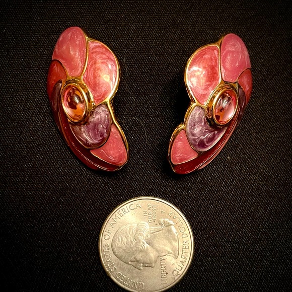 Handmade Vintage Artisan Pink Tourmaline, Enamel & Gold Gemstone Earrings - Picture 3 of 4